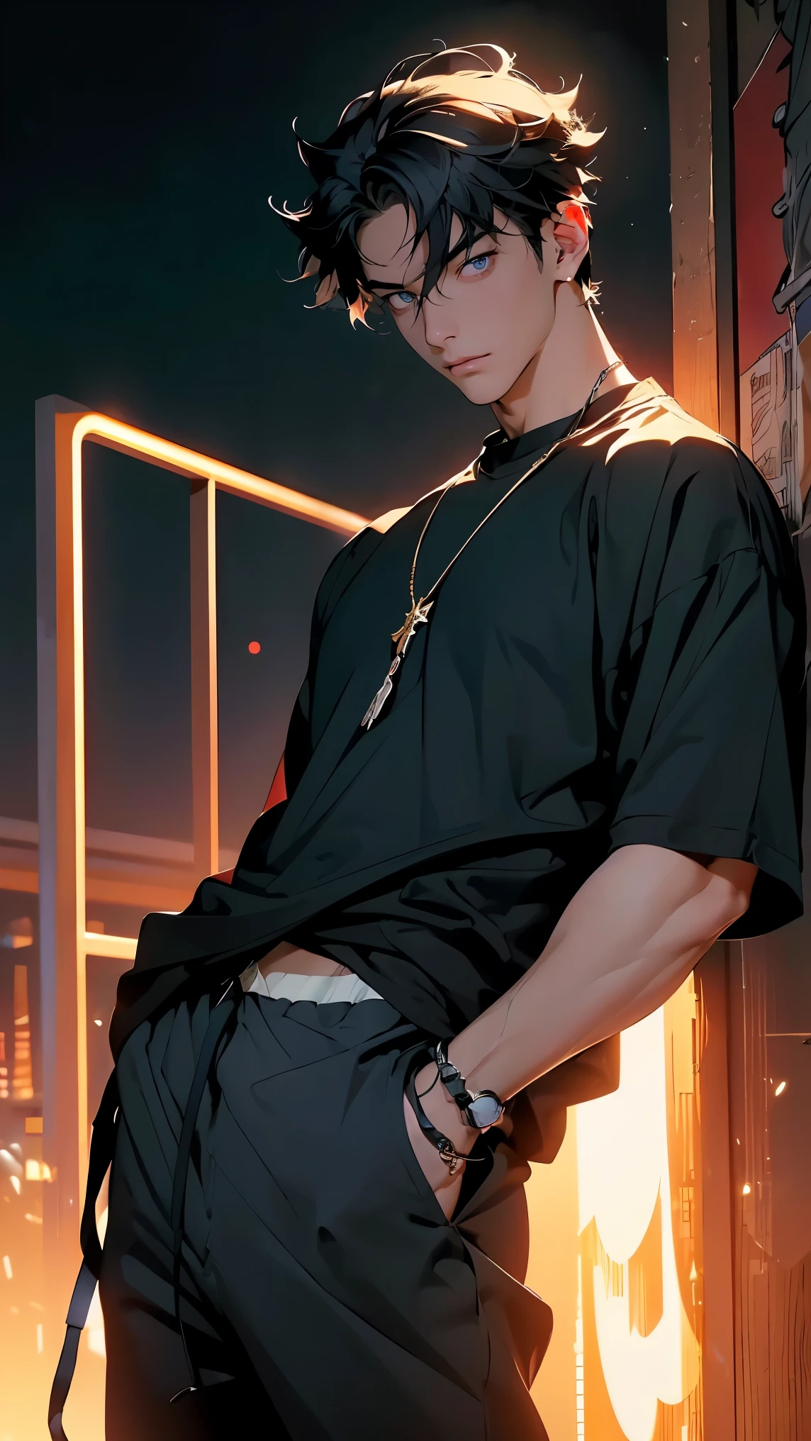 highest quality, 8,000, High Resolution Image, 动漫风格 Cyber Bar, ( Riosli/genshin impact), Detailed description, Bored expression, blurry, purple light reflection, (Close Angle), 1 man, Young, male, Model, Hands in pockets, cool guy, multicolored background with different geometric shapes, Stickers around, muscular, dark haired, blue eye, colorful hair, gray hair, hair between the eyes, Highlight hair, swollen chest. He is wearing a white shirt and black black sweatpants, black black sweatpants and a gold link chain, black sweatpants, background: Cyber Bar,