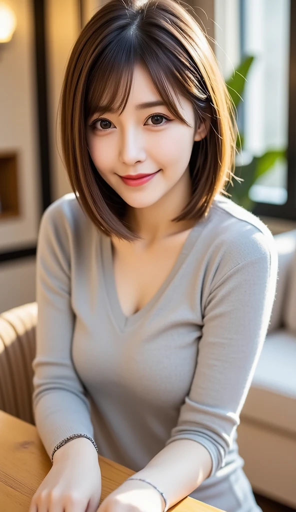 highest quality, 8K, High resolution, masterpiece, best pictures, (Slim body type), hourglass body shape, 1 Japanese woman, detailed and beautiful eyes, Super detailed, detailed face, in the hotel lobby, photo from the waist up, short hair, plain thin knit sweater, small breasts, (view audience)
