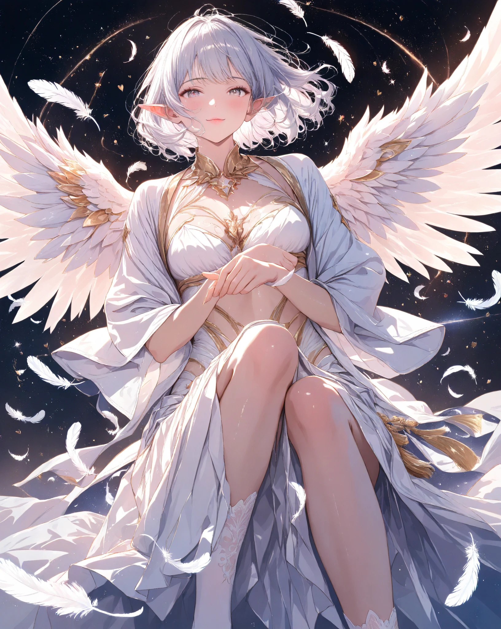 pipe smoking, smoking girl, flying girl, angel, she has one pair of white wings, she has white hair, she has short hair, she has white eyes, she's wearing a light dress, she's wearing a white dress, she's flying, she's in the air, holy aura, she's high, small breast, small hips, she's wearing an holy armor