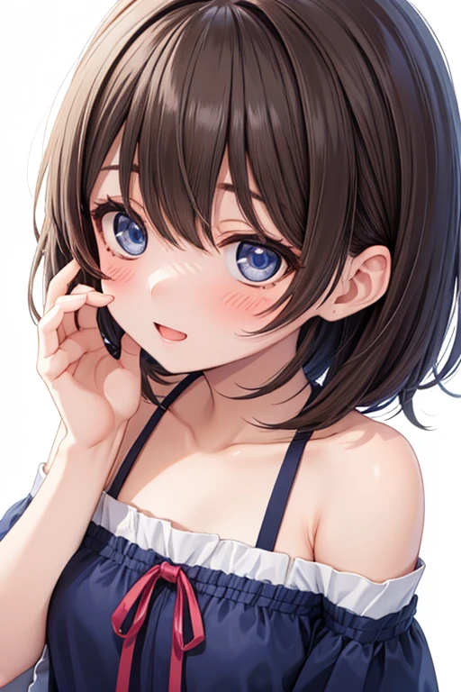 1girl, solo, breasts, looking_at_viewer, short_hair, bangs, blue_eyes, black_hair, photoshop_(medium), dress, cleavage, medium_breasts, bare_shoulders, hair_between_eyes, jewelry, closed_mouth, upper_body, sleeveless, artist_name, white_dress, lips, clothing_cutout, eyelashes, makeup, sleeveless_dress, chinese_clothes, cleavage_cutout, lipstick, portrait, red_lips