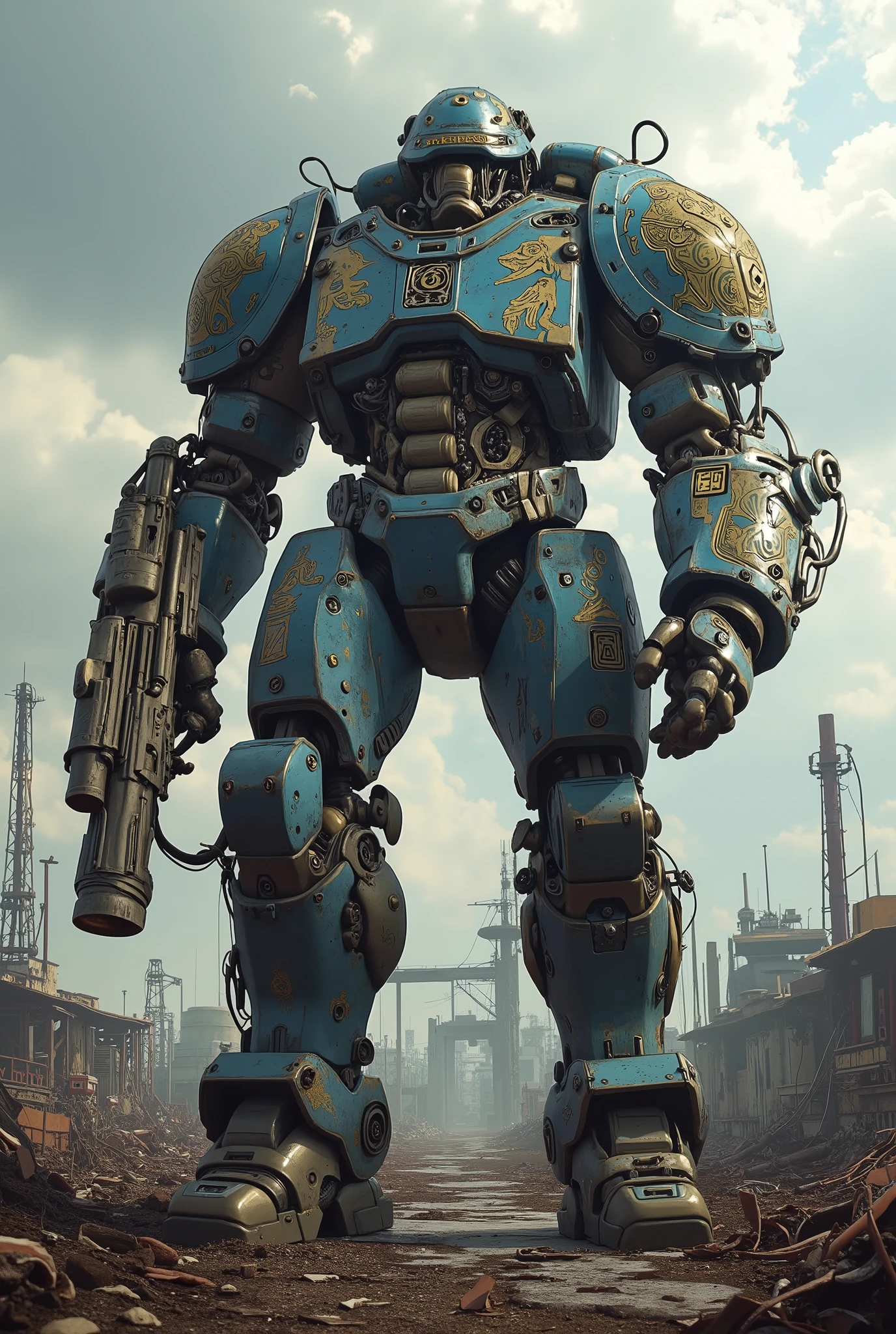 highest details, ultra hyper realism. highly detailed and realistic. intricate and highly professional artwork, an absolute masterpiece.
Fallout Brutalist style, gothic fantasy, moody lighting, rusted metal tones, ash and ember palette.
Wide view, futuristic, Sci-fi cinematic scene. Rural wastedland background. THE FALLOUT STYLE armor, Industrialized Security type Power Armor, klein blue camourflag, heavy bolter. Golden runes and cybernectic line decorate, Grimmdark, mechanical. (Ultra-realistic, 32k, Masterpiece, High Quality, Detailed Realistic Background, Official Art, Realistic Lighting, filmfotos, film grain, reversal film photography).