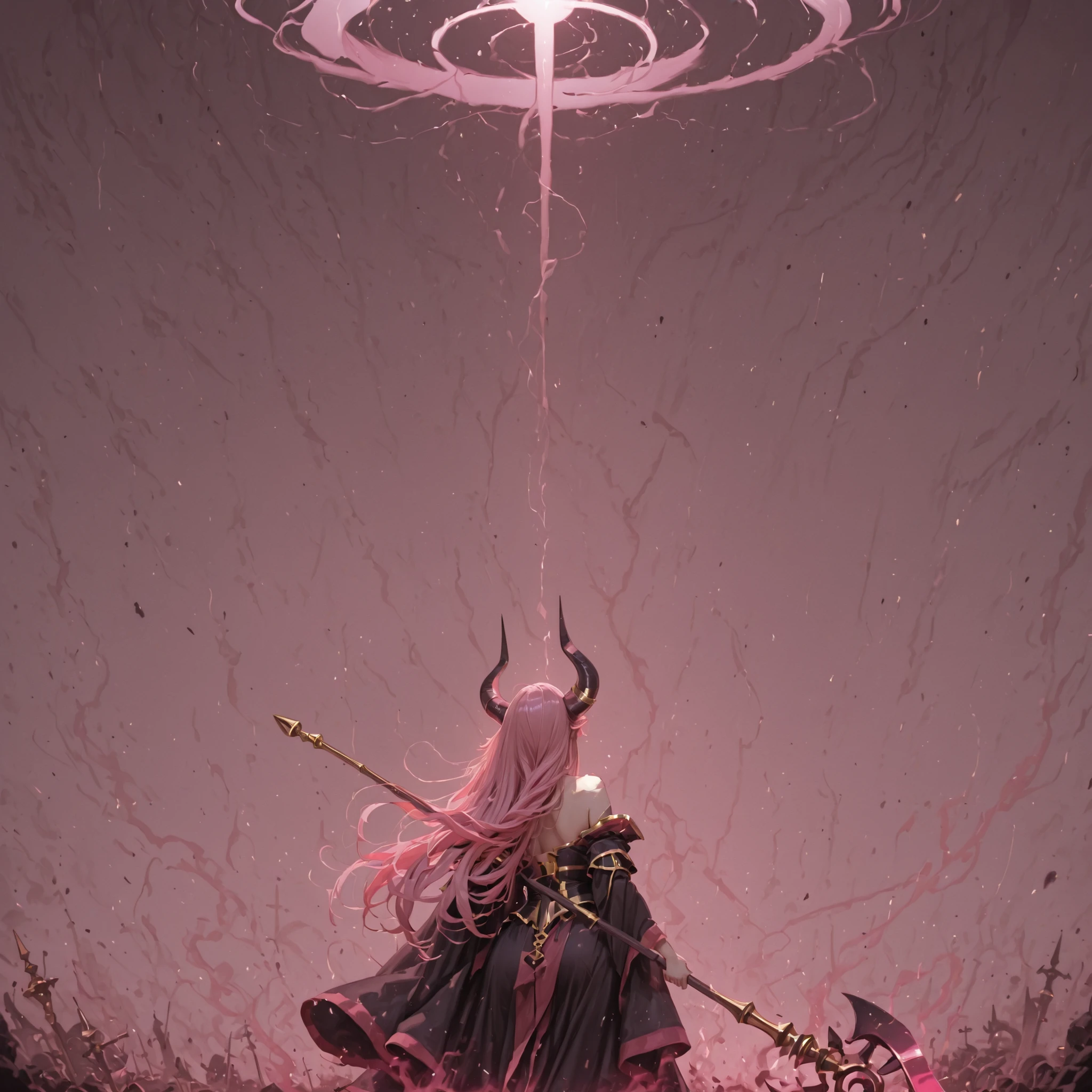 Highest Quality masterpiece god々like Demon King negative aura facing forward A Golden Staff Floating in the Air cool pink hair straight