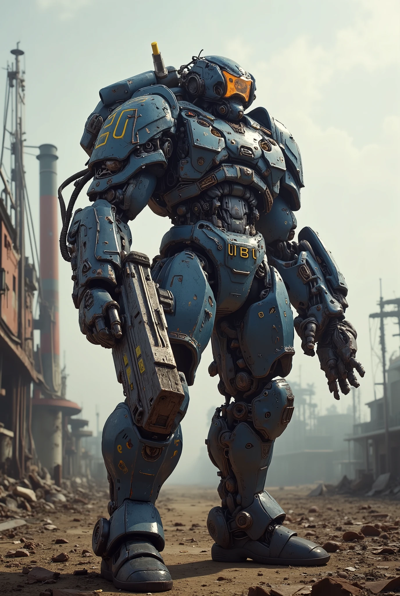 highest details, ultra hyper realism. highly detailed and realistic. intricate and highly professional artwork, an absolute masterpiece.
Fallout Brutalist style, gothic fantasy, moody lighting, rusted metal tones, ash and ember palette.
Wide view, futuristic, Sci-fi cinematic scene. Rural wastedland background. THE FALLOUT STYLE armor, Industrialized Security type Power Armor, klein blue camourflag, heavy bolter. Golden runes and cybernectic line decorate, Grimmdark, mechanical. (Ultra-realistic, 32k, Masterpiece, High Quality, Detailed Realistic Background, Official Art, Realistic Lighting, filmfotos, film grain, reversal film photography).