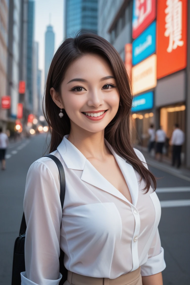 Produce the highest quality and highest resolution 8K images。Please draw the upper body of a 20 year old Japanese woman.。Please draw a picture of a walk through a city at night with beautiful neon lights.。She has brown eyes and a model-like figure、She has an idol-level cute face.。Her hair is in a bun.。Clothes、Dressed in stylish office casual wear。The skin is、It is a natural skin color。she、Looking at you with a smile。