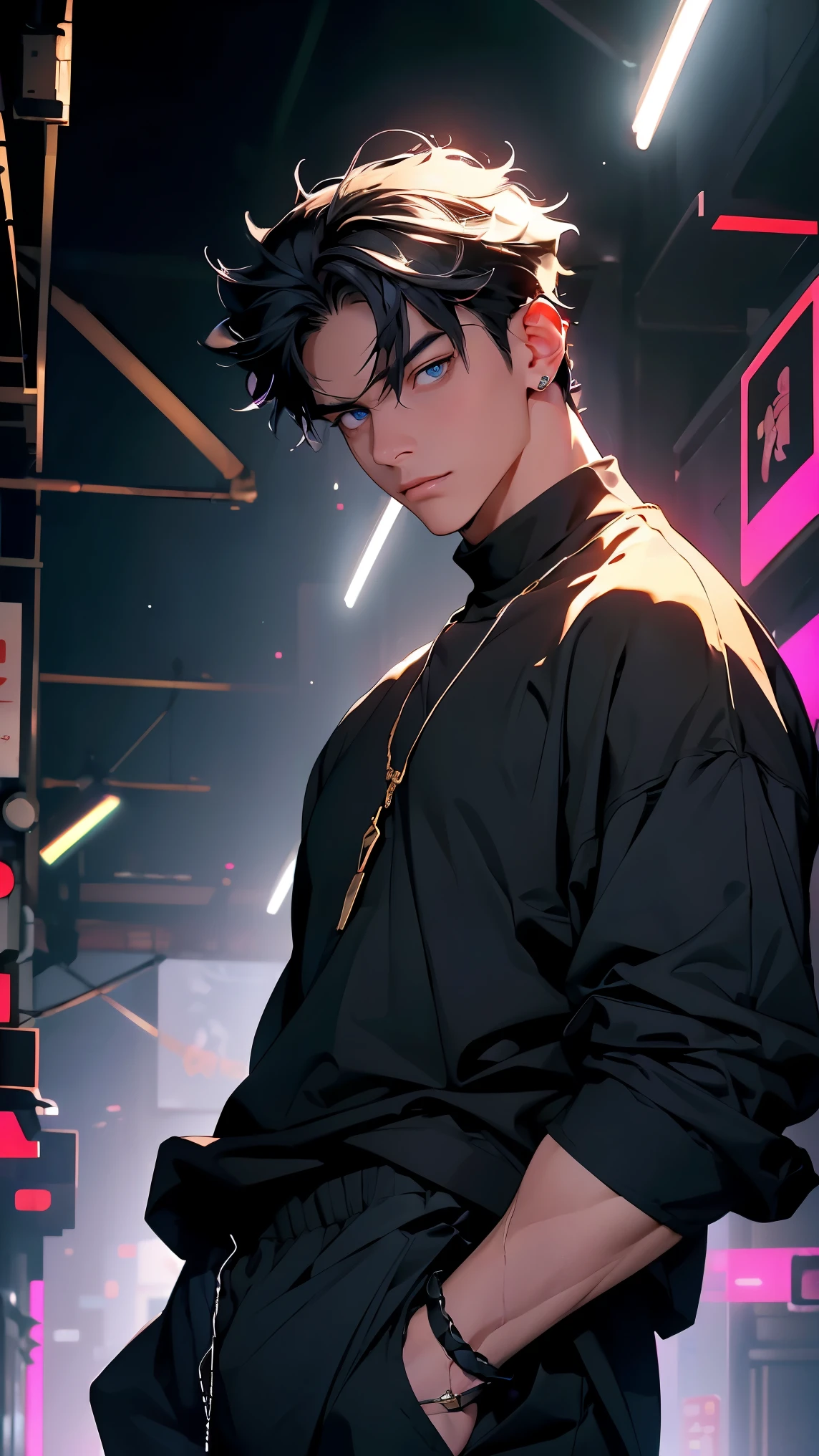 highest quality, 8,000, High Resolution Image, 动漫风格 Cyber Bar, ( Riosli/genshin impact), Detailed description, Bored expression, blurry, purple light reflection, (Close Angle), 1 man, Young, male, Model, Hands in pockets, cool guy, multicolored background with different geometric shapes, Stickers around, muscular, dark haired, blue eye, colorful hair, gray hair, hair between the eyes, Highlight hair. He is wearing a white shirt and black black sweatpants, black black sweatpants and a gold link chain, black sweatpants, background: Cyber Bar,