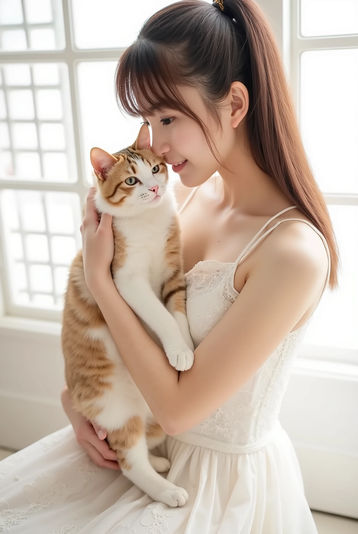 Create a photo collection featuring a beautiful Japanese idol girl with fair skin. She has long straight hair styled in a ponytail with bangs. Dressed in a pure white dress, she is in a bright, white room with white lattice windows. The girl is gently holding a cat, leaning her cheek against it, surrounded by soft light. Capture her gentle smile and the sense of happiness that radiates from her. Emphasize her elegance, delicacy, and transparency.