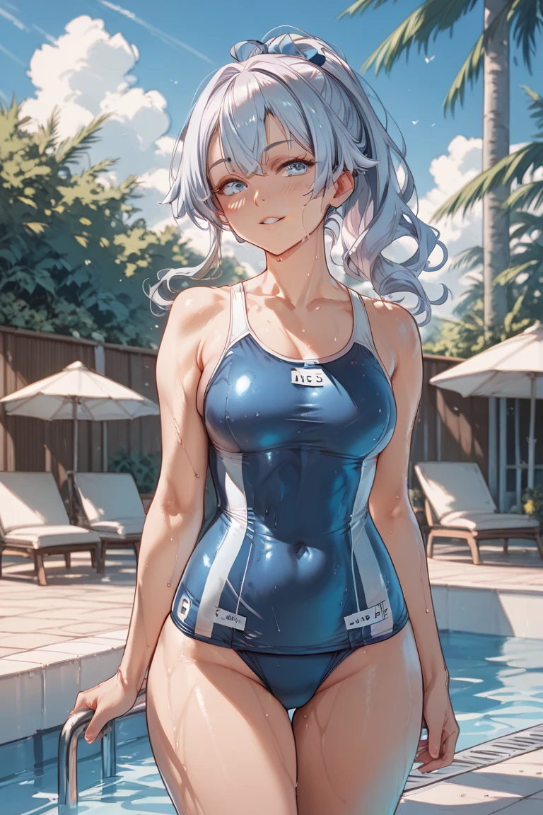 Masterpiece、Highest quality、1girl、Standing at the edge of the desk、Super detailed、nsfw White hair Ahegao swim suit、Navy blue swimsuit I am sweating profusely. standing、Standing and on all fours、Put your hands on the desk、He pressed his lower body against the corner of the desk.、Attaching sexual body parts to the corner of the desk、vagina、Pussy、clitoris、Female organ、A lot of semen、table sex、SEX、Desk Sex、Masturbation、机の端角を使ってMasturbation、Intense sex classroom、Sunset