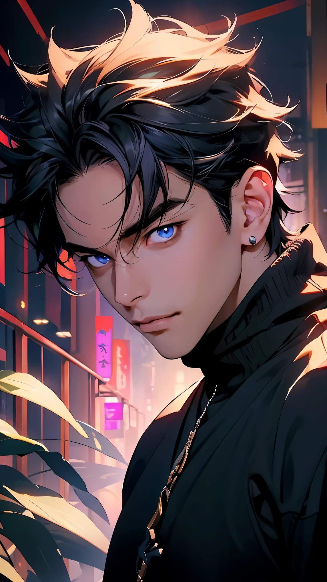 highest quality,  8,000, High Resolution Image, 动漫风格 Cyber Bar, ( Riosli/genshin impact), Detailed description, Bored expression,  blurry, purple light reflection, (Close Angle), 1 man, Young,  male, Model, Hands in pockets, cool guy, multicolored background with different geometric shapes, Stickers around, muscular, dark haired,  blue eye, colorful hair, gray hair, hair between the eyes, Highlight hair. He is wearing a white shirt and black black sweatpants, black black sweatpants and a gold link chain, black sweatpants, background: Cyber Bar,