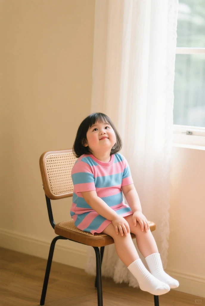 best qualityer:1.4), (ultra high resolution:1.2), (photorrealistic:1.4), (8k, CRU photo:1.2), 1 of 8 years old white, dark brown hair down with a boxer braid, a pink long sleeve blouse, a denim dungaree on top, is wearing pink All Star sneakers. It's in the white photography studio. She is sitting on a pink chair. On the wall there is a pink balloon shaped like the number 8