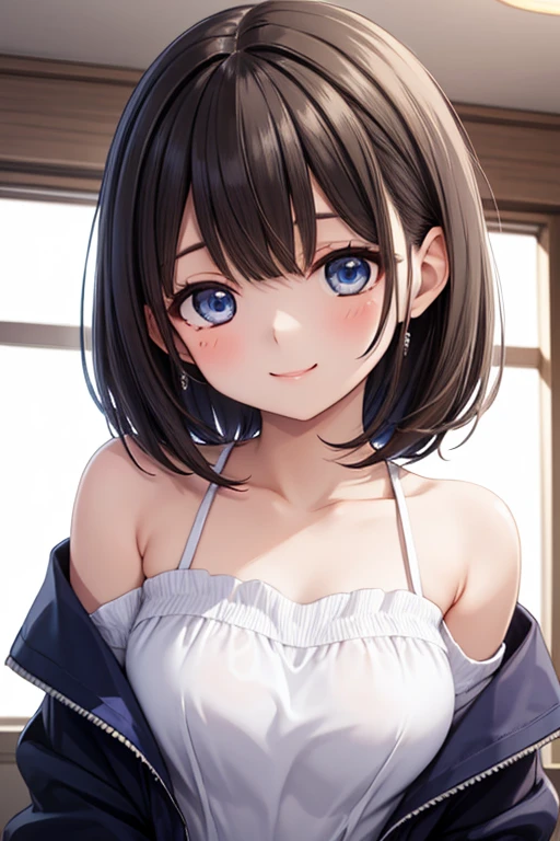   sitting , short brown hair