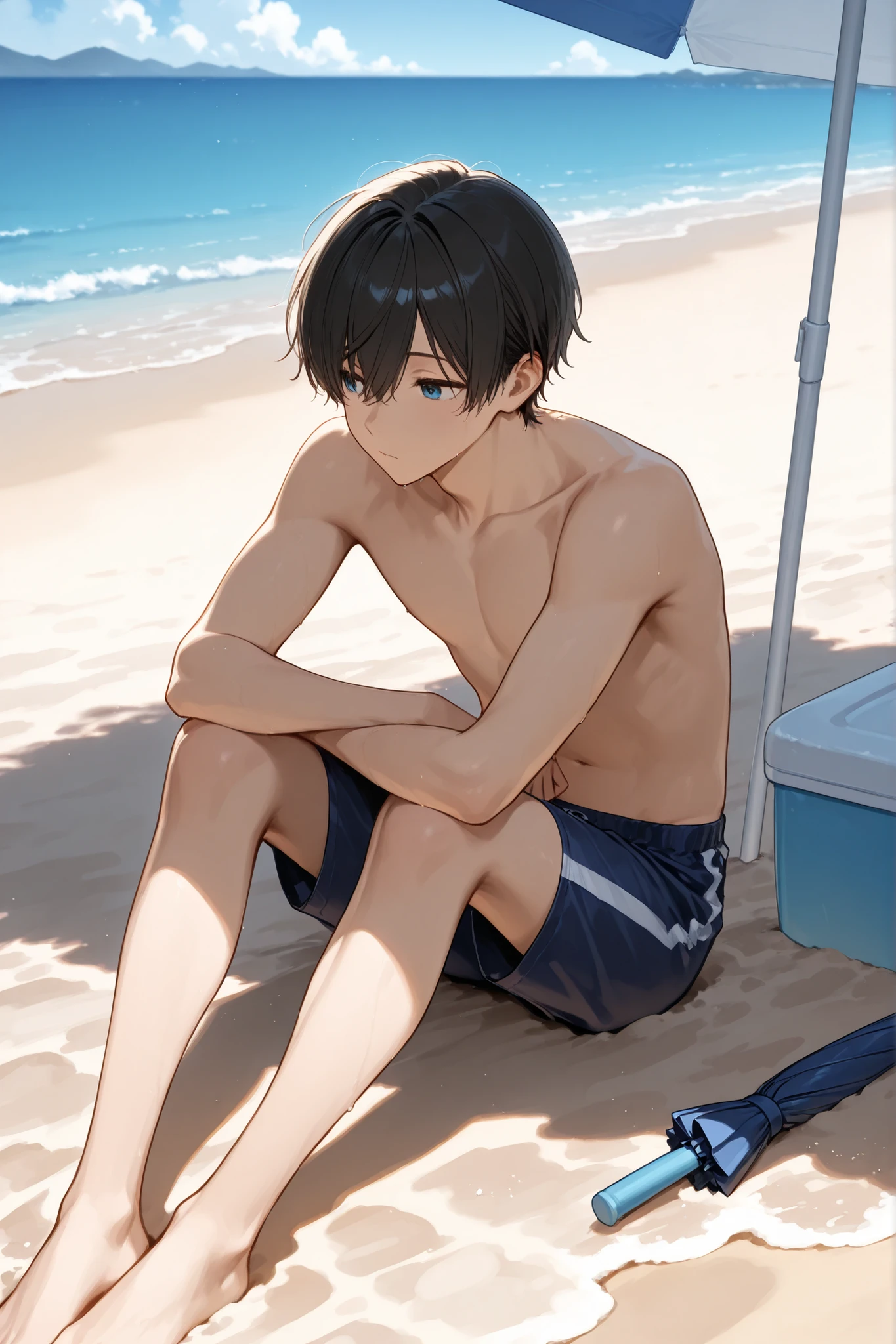 Beach theme, 1 male, wearing swim shorts, sitting on sand, umbrella as shade