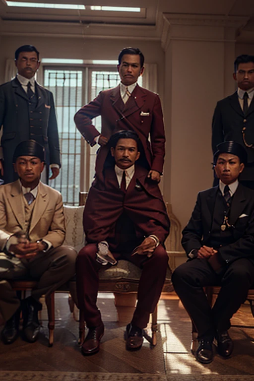 "Gadjah Mada discussing his ambitions with his confidants in a dimly lit war room, maps and scrolls spread across the table, with a look of determination on his face." Characters: Gadjah Mada and confidants. Angle: Medium shot. Lighting: Dim, strategic indoor lighting. --ar 16:9 --style raw