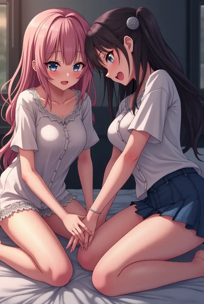 Anime Characters: Mikoto Suoh and Shikomori are in a beautiful bedroom. Shikomori is sitting on bed and Mikoto is sleeping on the lap of Shikomori.
Mikoto is a tall, muscular man with red hair and amber eyes. His red hair is kept short, ruffled, and spiked, with two strands of hair near the opposite sides of his head falling over his face, as well as distinct sideburns. As a teenager, his hair, while still short and ruffled, was messier and his bangs fell across his forehead
He wears a black jeans and a white V-neck t-shirt. underneath.
Miyako Shikimori is a tall teenage girl, with extremely long, flowing, bright pink hair that stretches nearly to her butt, blue eyes, and pale skin. She is wearing a blue jeans and a designer top.
Ultra hd image, beautiful, masterpiece, authentic, lovely, side-pose.