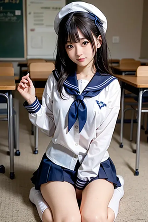 (masterpiece, highest quality:1.2), 8k, Young and beautiful girl, 85mm,Official AR RAW Photos, Baby Face、Big Breasts、show me your ears、photo shoot, Cute face, Thighs, Classroom after school, Looking at the audience, No makeup, Film Grain, chromatic aberration, Sharp focus, Face Light, Bright lighting, 10 generations, Detailed face, Background blur、((((((16-year-old high school girl))))))、Narrow waist、Lower from the top front、Sailor suit、cardigan、Dark blue super mini skirt、Tying up hair、Squat down and show panties、White lace panties