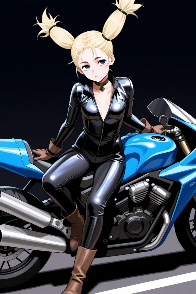 1boy, black eyeliner, soft hair, blonde hair, handsome, brown eyes, brown lipstick, femboy, blush, thin waist, half open eyes, beautiful face, smile, black racing clothes, motorcycle behind, racing road