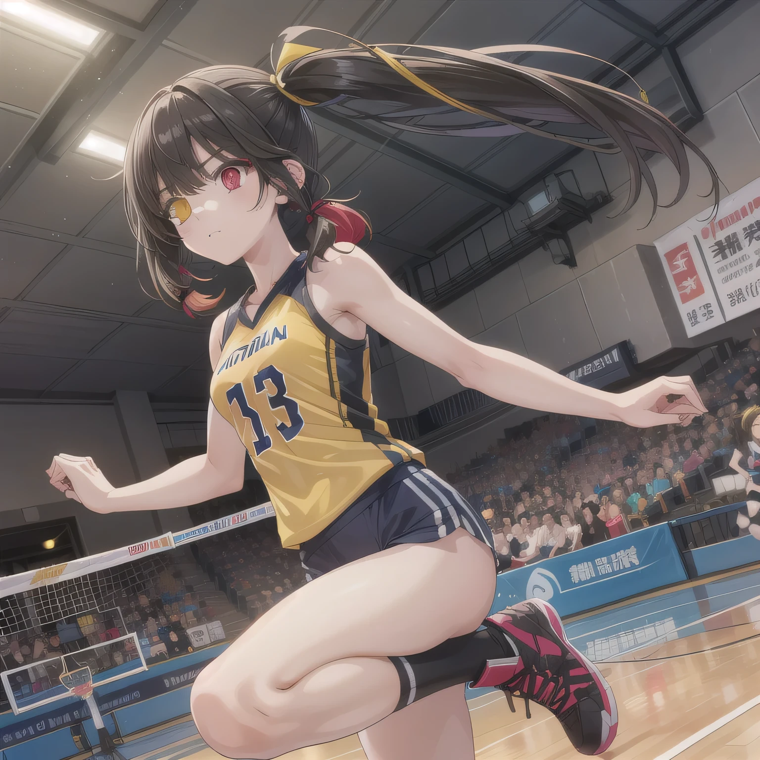 A breathtakingly beautiful 20-year-old woman soars into the air on a volleyball court inside a brightly lit gymnasium, preparing to spike the ball with precision and power. Her athletic form is accentuated by a sleek, form-fitting uniform, and her intense gaze remains locked onto the target. The polished wooden floor reflects the motion, enhancing the dynamic energy of the moment as she displays her skill and determination. Long Hair, Dark Hair, (Red Eyes:1.3), (Pigtails:1.5), (Yellow Eyes:1.3), (Heterochromia:1.5).