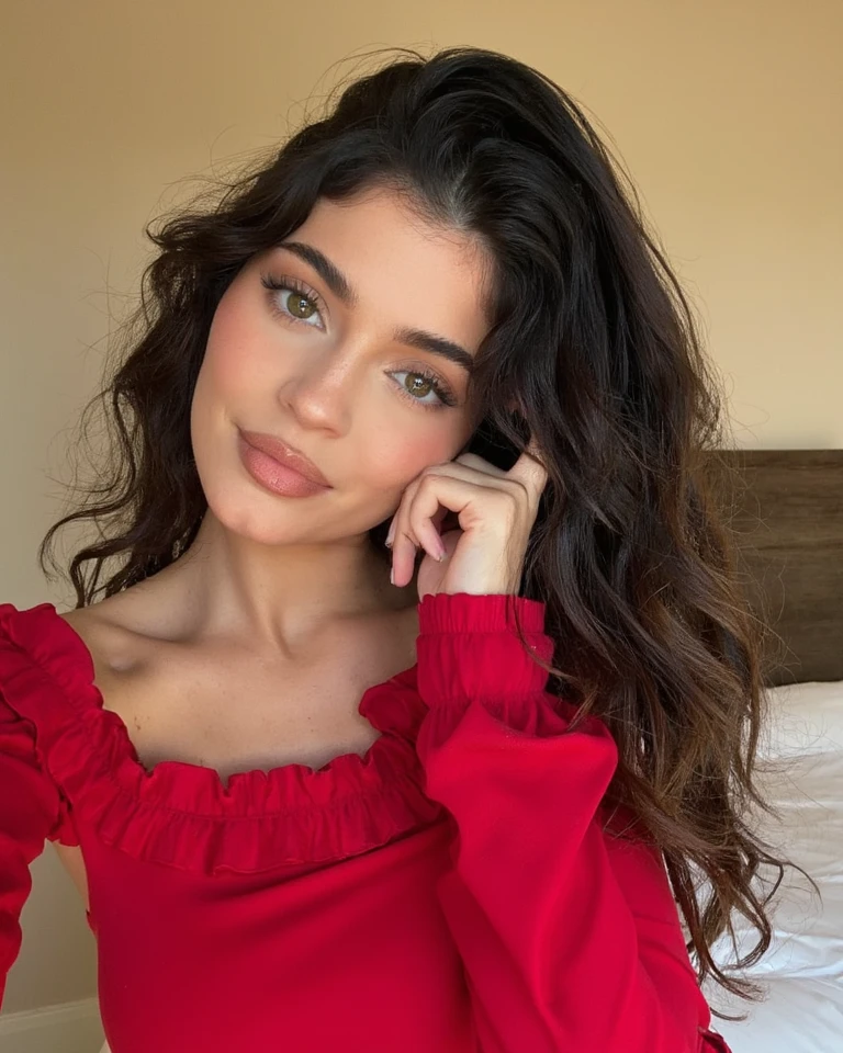 ((best quality)), ((masterpiece)), (detailed), perfect face of a 21-year-old girl with flowing wavy black hair, in a red bodycon partywear dress, make it look real and decent, front pose, make the dress less revealing