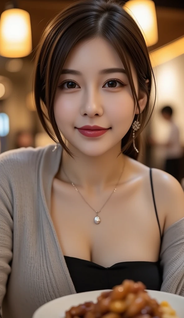 (Extremely detailed, underground parking, fine, slightly fat, busty, big breasts, big breasts, M cups, red crewneck dress, conservative, delicate face, large aperture, close-up of people)