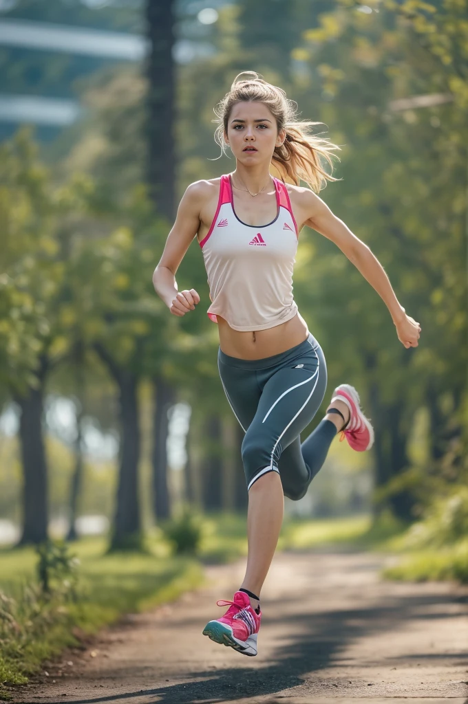 ((best quality)), ((mUHD HDR photo of a flirtatious young blonde woman at a joggers park, full body details, fitness perspective, youthful vibrancy, golden hair shimmering under ambient lighting, playful yet inviting blue eyes, subtly arched eyebrow suggesting curiosity, clear complexion with a soft glow, running posture with a touch of dedication, rubber bracelet on a slender wrist, sports top with lycra lines, whisper of attraction in the shared space, unspoken promises lingering with every glance, photo r3al, Masterpiece, BRS0, photo r3al,asterpiece)), (detailed), perfect face