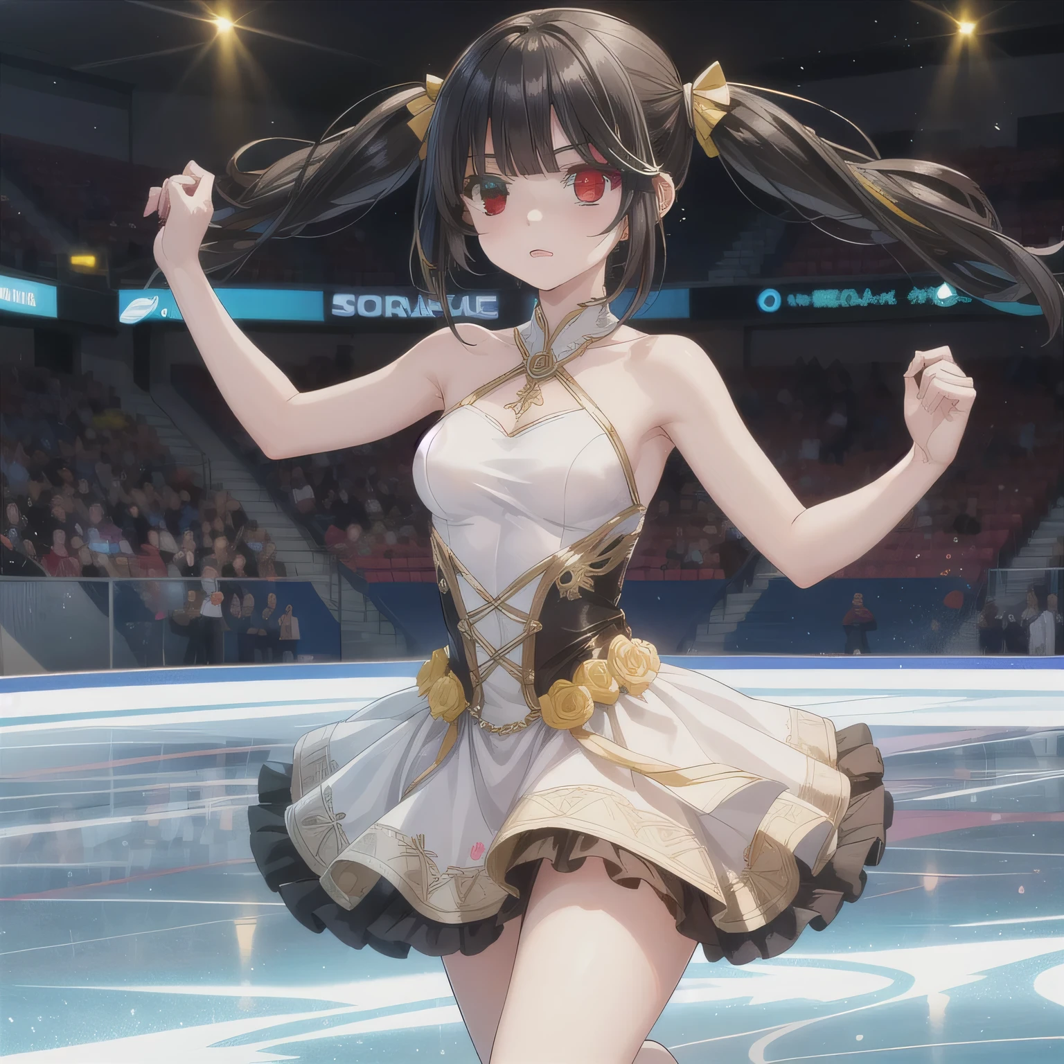 Depict a 20-year-old, stunningly beautiful woman gracefully gliding across the ice in a grand skating arena. She wears an elegant and intricately designed figure skating dress, adorned with shimmering details that reflect the arena lights. Her expression is serene yet focused, her movements fluid and dynamic, capturing the poise and strength of a professional skater. The background features a vast ice rink with soft lighting, enhancing the elegance of the scene. Long Hair, Dark Hair, (Red Eyes:1.3), (Pigtails:1.5), (Yellow Eyes:1.3), (Heterochromia:1.5).