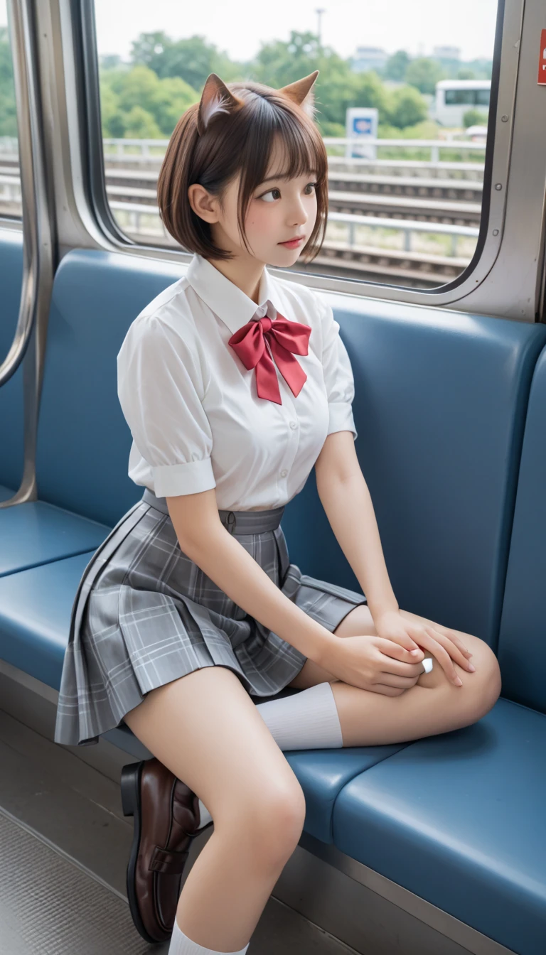 top-quality,ultra-detailliert,​masterpiece,realisitic,Photo Real,Bright lighting,1 girl in, an extremely beautiful 17-year-old girl, (kawaii:1.2),Thin smile, (Brown eyes),(brown haired),(Wankar),perfect glossy skin,flawless skin,((erotick,Sexy and sexually ????????)),((accurate hands without incongruity)), large full breasts,big breasts thin waist, Look at viewers,((blazers)),((Long sleeve uniform white shirt)),(Red ribbons),(Blue Mini Pleated Skirt),(((skirt lift by yourself))),(lifted by self),(Showing panties),panties on,panties focus,((Sit up,spread legswide)), sockes, (Black knee socks),(Loafer shoes), during daytime,On the train,Horizontal long seat with your back to the window