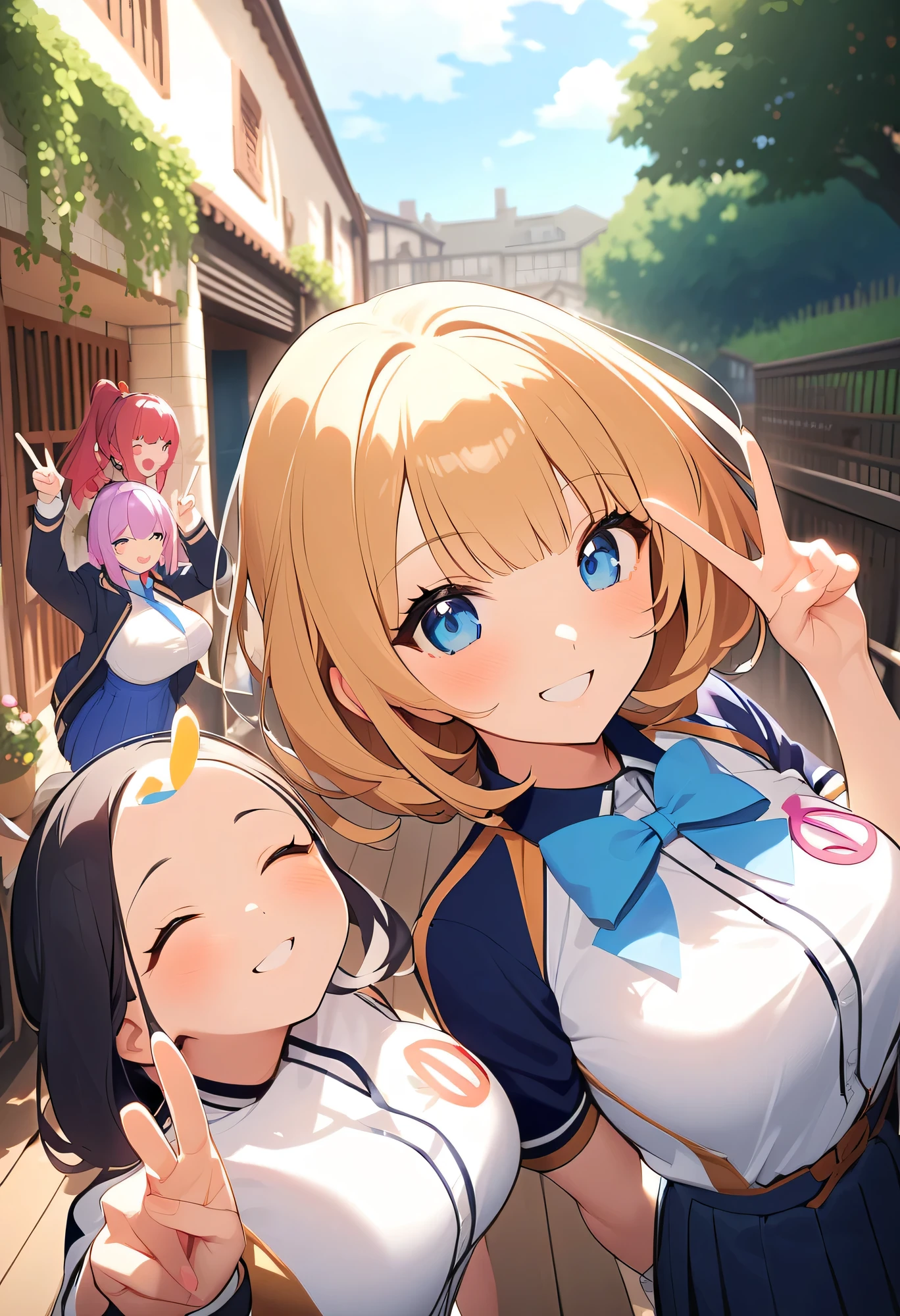 Highest Quality、Detailed Background、Beautiful Girl、Big Breasts、perfect body line、bright hair color、braided bob cut、ponytail、jk uniform、Happy Atmosphere、smile、(試着室で自撮りする3人のBeautiful Girl:1.5)、(peace sign:1.4)、cute