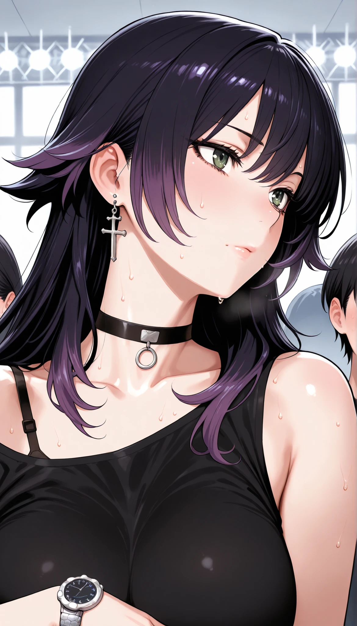 (((best quality))),(((ultra detailed))), ((masterpiece)), (((vivid))), anime, 1 boy, 18 years old appearance, short hair, detailed hair, black hair, messy hair, black eyes, detailed eyes, black t-shirt, silver pendant around the neck, on the left arm a digital watch, ((during the day)), without smiling, calm face, in a Japanese room.