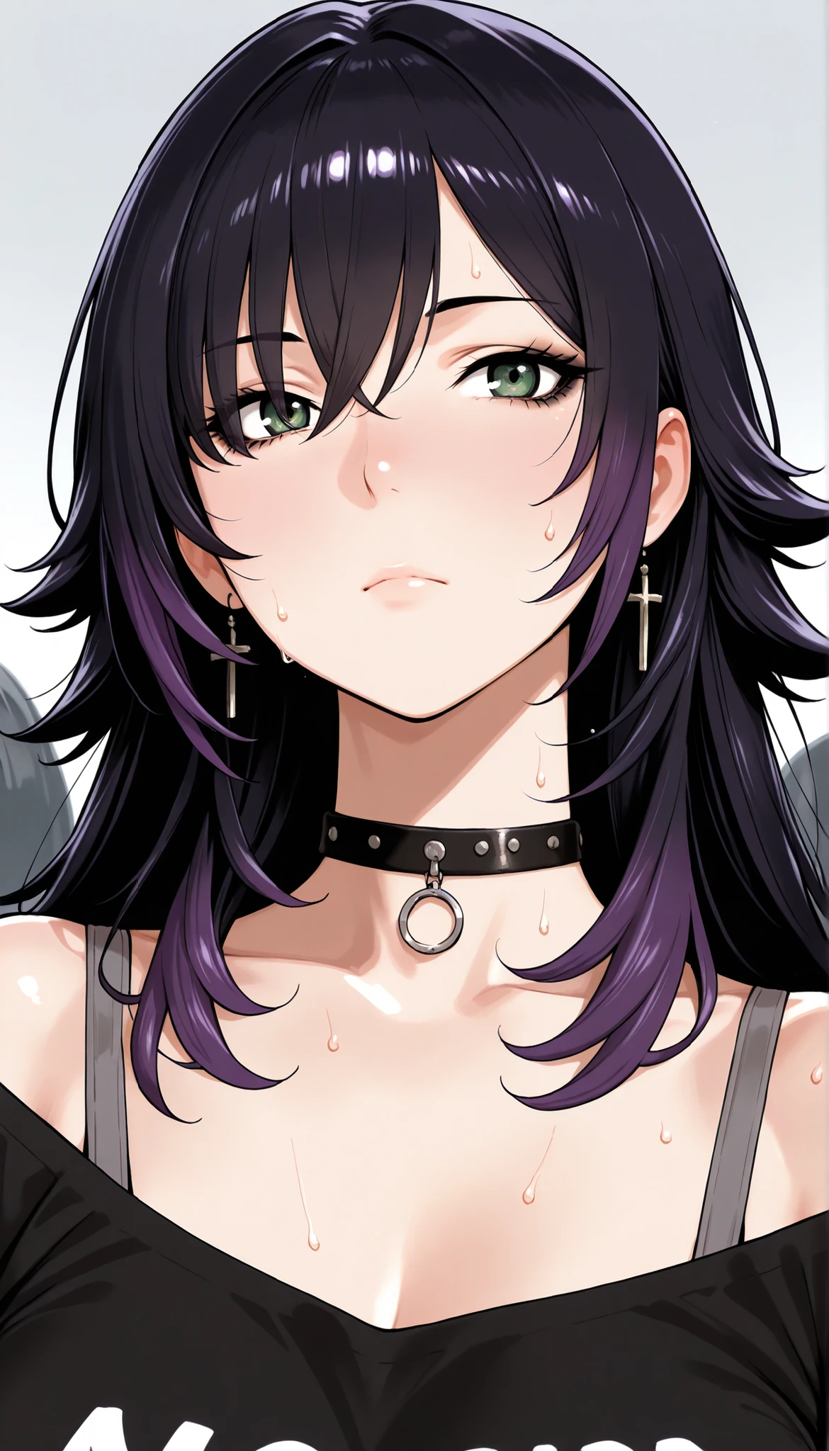 girl, alone , black hair, wolf cut, long hair, dark purple hair tips, bungs, long bangs, eyes visible through hair, side lock, DARK GREEN EYES, black eyeliner, mascara, cross earrings,  industrial drilling , choker, black sweatshirts,  sweat on shoulders , bra strap, Portrait, three room view, Tilting Your Head, watches the audience, expressionless, Serious, grey background, masterpiece, better quality, Amazing Quality, very aesthetic, high resolution、upper body