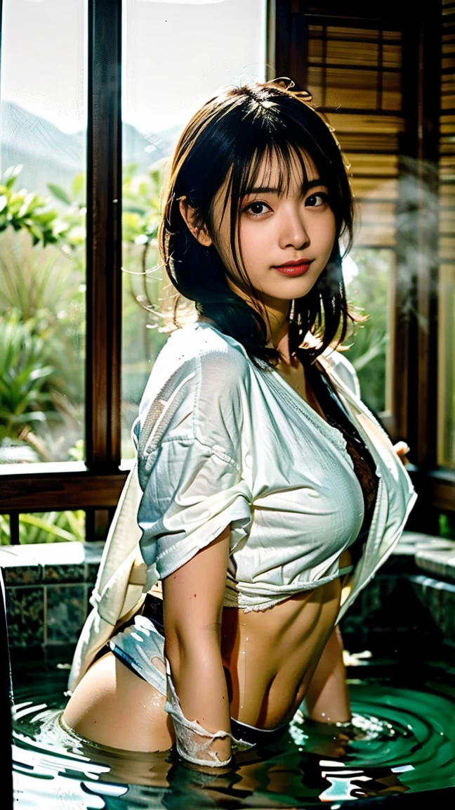 ((wear a green kimono:1.8)), ((Cleavage,I can see my belly button,Smaller breasts:1.5)), ((Head to Knee:1.5)),Big and beautiful buttocks, from the front, ((White panties with detailed lace:1.2)), Waistline, ((Spread your legs:1.5)),((Slender body:1.2)),Bun Hair,Detailed face, Beautiful Eyes, Detailed lips, high quality, 8k, Realistic, masterpiece, Very detailed, complicated, elegant, Sensual, erotic, Cinema Lighting