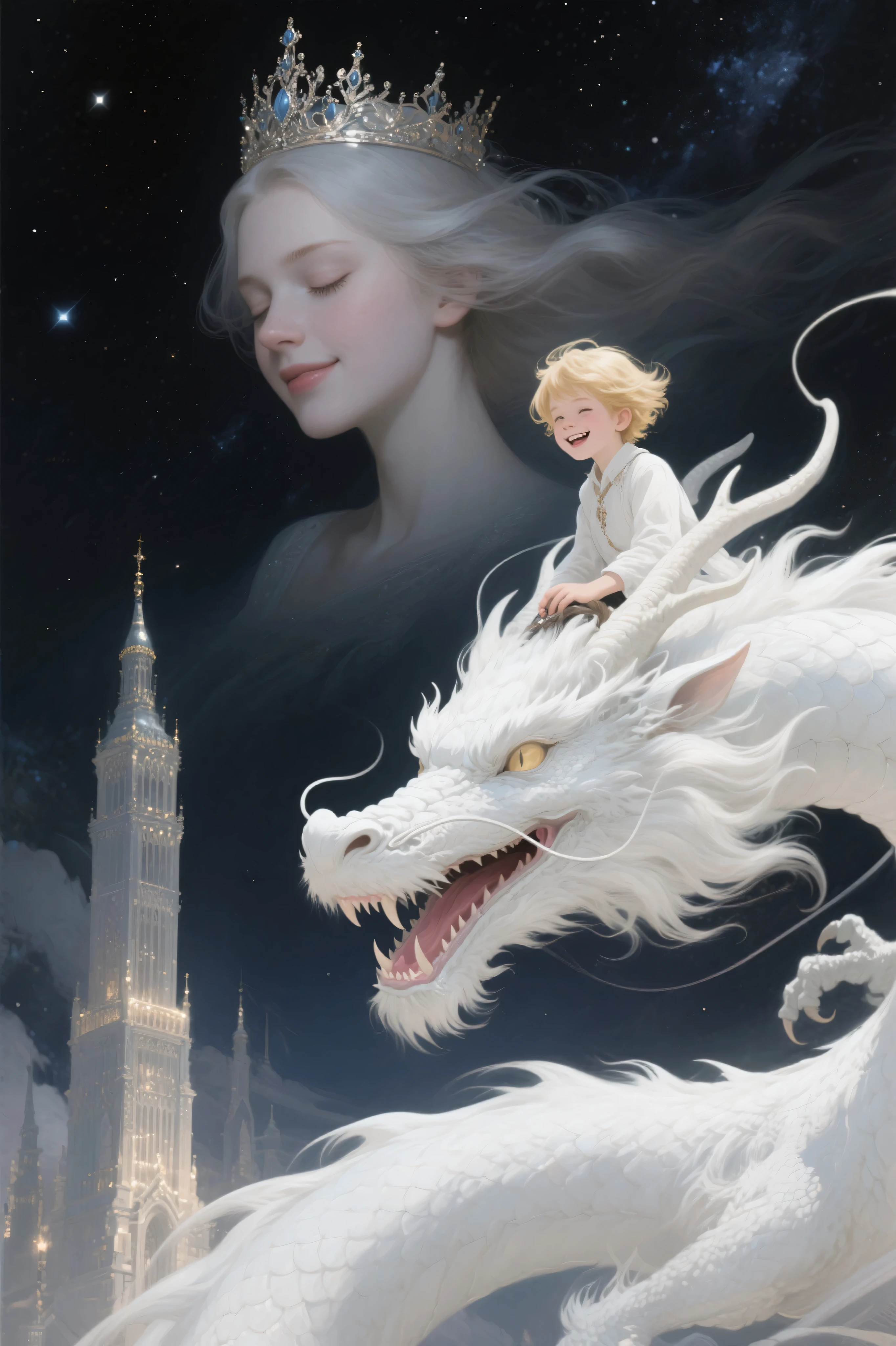 Beautiful world of darkness and stars, photorealism, a  blond hair boy, riding on the head of a pure white dragon, smile, open mouth, ((A dragon wrapped in soft, The whole body is covered with soft long hair, fluffy long fur, Gentle looking dragon, Gentle and beautiful eyes)), close up of dragon's face and girl, (Flying around a beautiful, shining tower), (A collage of a beautiful woman's face floating in the upper center, fading from the neck up, a beautiful crown on her forehead, beautiful hair, Her eyes are closed, her beautiful lips are slightly open, Eyes closed, beautiful lips slightly open, facing forward, looking slightly downwards, from forward:1.3), (Intricate, delicate, masterpiece, best quality, Complex shading), Poster-style painting