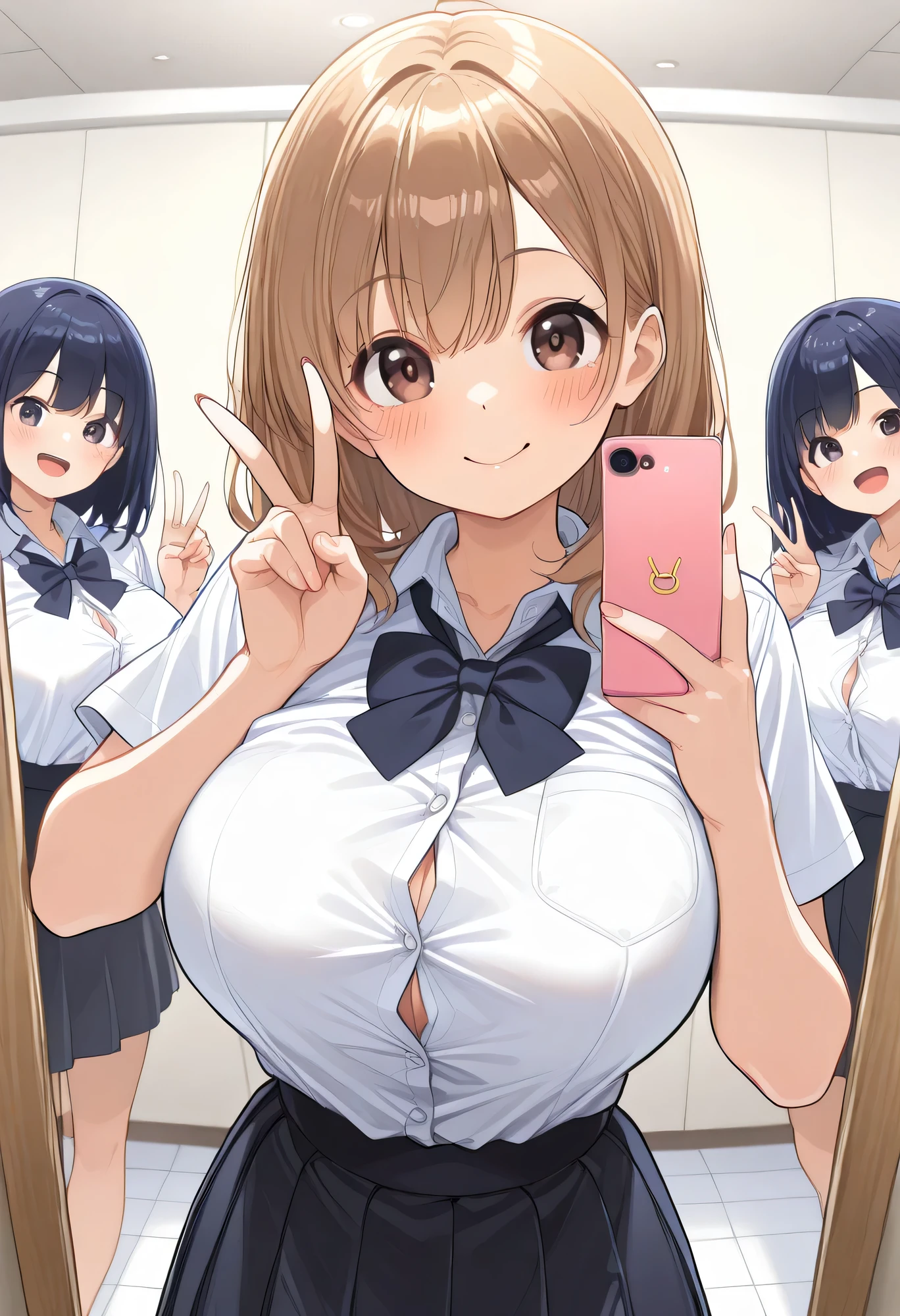 Ultra High Definition, High Quality, masterpiece, Detailed Background, Beautiful Girl, Big Breasts, jk uniform, button gap, Button-popped, changing room against the wall, Happy Atmosphere, (Three girls happily taking selfies:1.5), (peace sign:1.4), cute