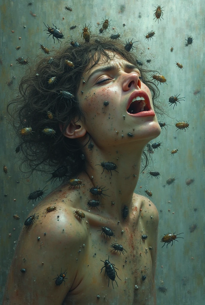 Realistic high angle shot of a flooded room full of black cockroaches, in the middle of the room half buried in cockroaches,Emerging from among the cockroaches a European woman looking up at the ceiling with open arms, very light skin, His mouth is open and his eyes are closed. Cockroaches are crawling on his body and eyes., claustrophobic image, Sunlight enters through a grating in the roof, The light projects the shadow of the bars on the woman and the cockroaches. The room is gray cement with humidity, the atmosphere is sinister, distressing.