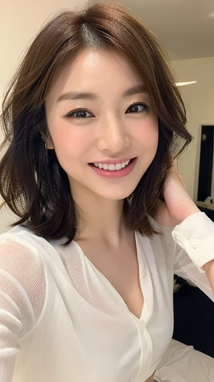 highest resolution, 4k, masterpiece: 1.3), japanese mature, photo of a woman, sexy: 1.1, fine eyes, slender body shape, realistic teeth, double eyelid, smile, whole body, highest quality, be familiar with, beauty, married woman, cleaning the living room