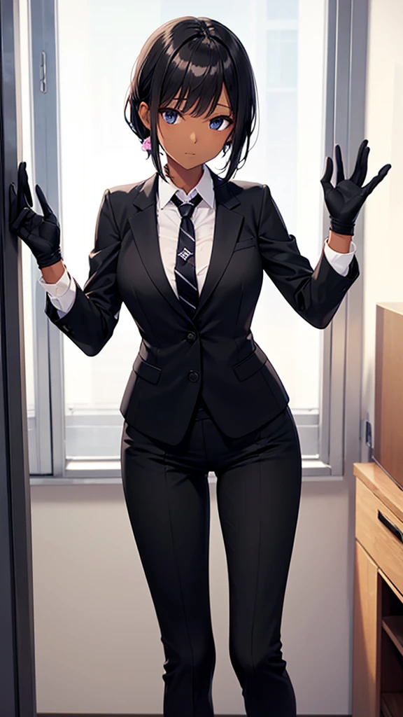 crimevip, Red hair,aretes, Pompadour, single braid, yellow glasses, necktie between breasts, chemise, Black jacke, へそ, mitts, pants, olhando off volta para o visualizador, Seriously, pretentious smile, 
off pé, off_Back, pose sexy, offntro, Sala off estar extravagante, televisão granoff, Playful atmosphere, offtalhe extremo, obra off arte, 