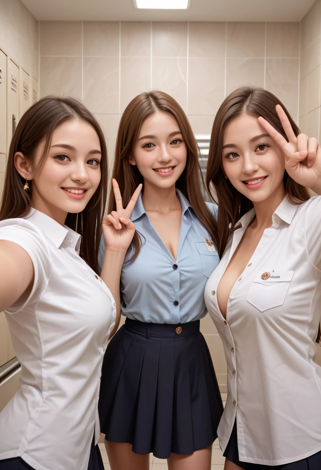 Ultra High Definition, High Quality, masterpiece, Detailed Background, Beautiful Girl, Big Breasts, jk uniform, button gap, Button-popped, changing room against the wall, Happy Atmosphere, (Three girls happily taking selfies:1.5), (peace sign:1.4), cute