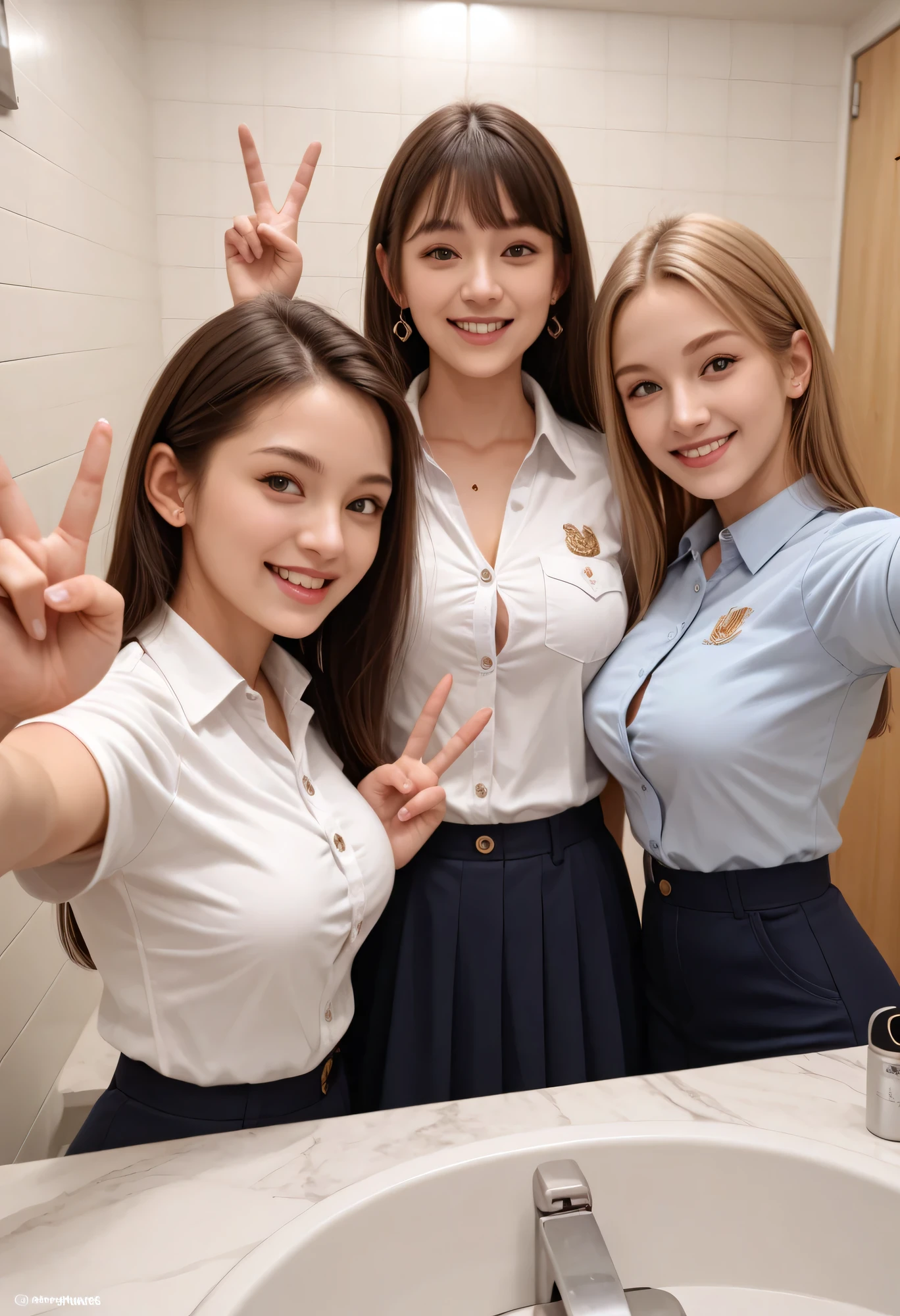 Ultra High Definition, High Quality, masterpiece, Detailed Background, Beautiful Girl, Big Breasts, jk uniform, button gap, Button-popped, changing room against the wall, Happy Atmosphere, (Three girls happily taking selfies:1.5), (peace sign:1.4), cute