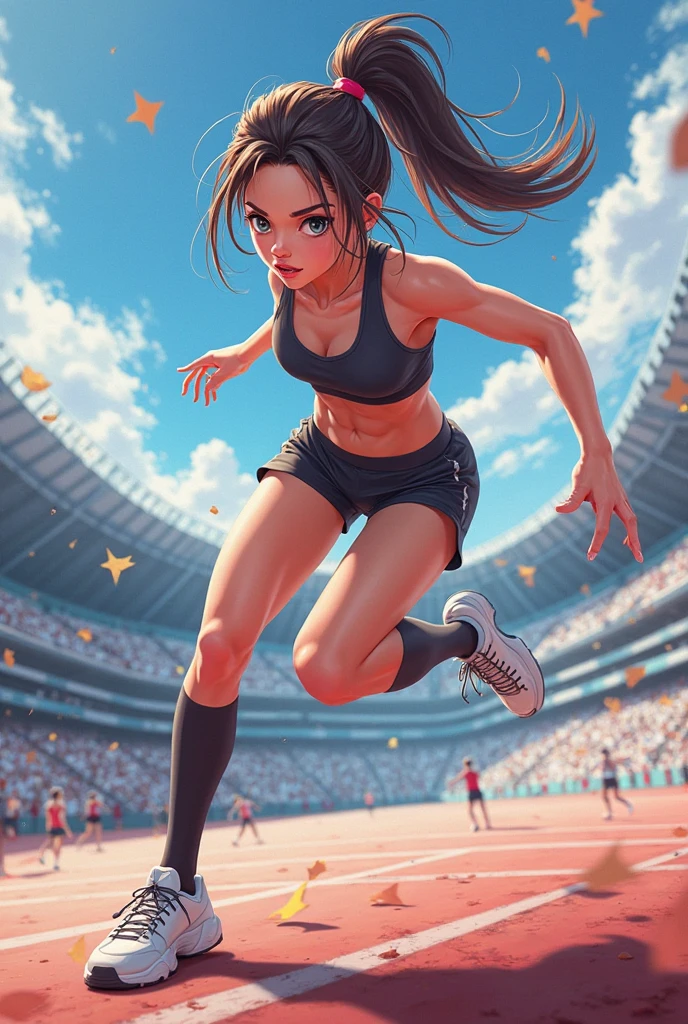 masterpiece, top-quality, Detailed details, Detailed landscapes, beatiful lights, Beautiful Shadows, Female sexy, 28 year old,the morning sun,((innocent smiles)),Glistening sweat,Black eyes,eye liner,((shorth hair)),(Running Wear),(RunningShoes),(((Tie your shoelaces))),((Stadium)),blue-sky,(Gymnastics sitting),(((super low angle))),detailed skin textures, Tyndall effect