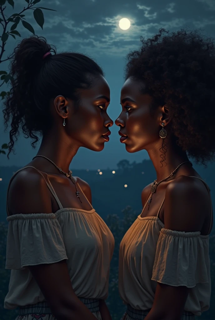 a very sexy lightskin habesha woman is smitten by her busty military latina lover kissing passionately, touching seductively under the stars in the forest both women bodies pressed together tightly hugging each other both have very big  busty clevage show big pink lips detailed eyes detailed big bold curly and braided hair wearing nothing, very curvy sexy bodies, ultra HD 4k masterpiece, ultra HD 8k masterpiece, cinamtic realistic picture quality 