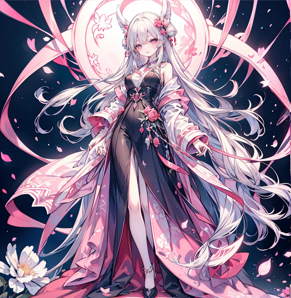 woman,Platinum hair,Ruby pink eyes,White dress set,Floor length skirt,Breastplate