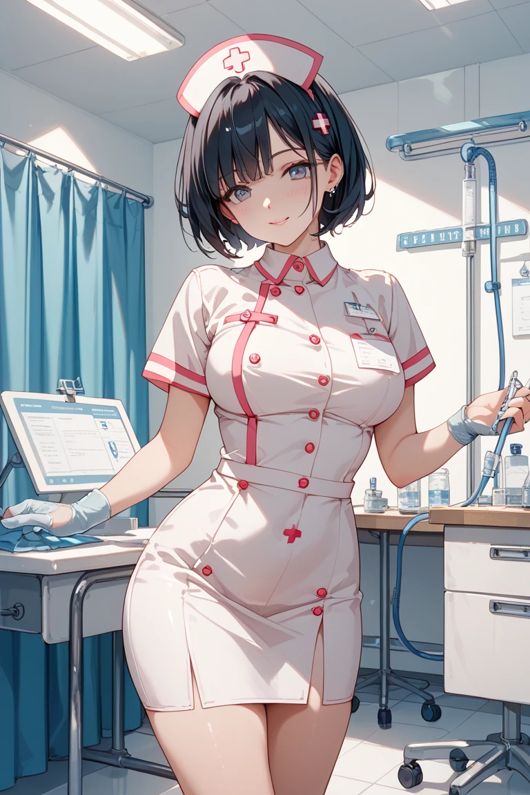 1girl, solo, nurse, nurse cap, white wear, ((white legwear, zettai ryouiki)), white gloves, pink hair, drooping eyes, ((covered nose)), standing, ((hospital room)), sharp outline, short sleeves, best quality, masterpiece,Fleshy,Red eyes,Fleshy,Black hair,happy,lol