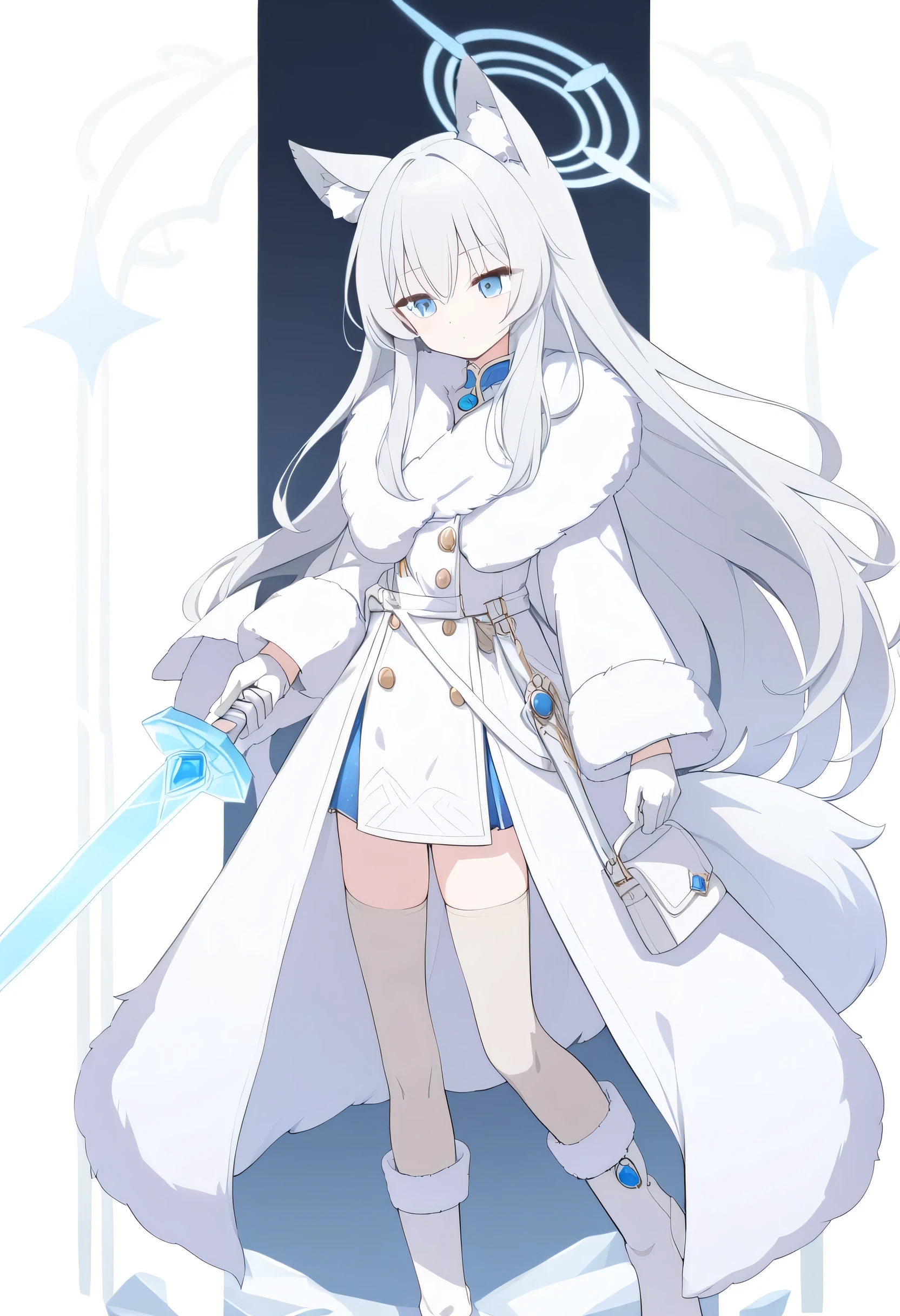 long silver hair , Blue Gem , Blue Eyes ,wearing a white mink fur plush coat , white boots,Small white satchel,calm expression , blue halo, gray wolf ears, white gloves,beige stockings,With an ice sword in hand,Wiping the sword
