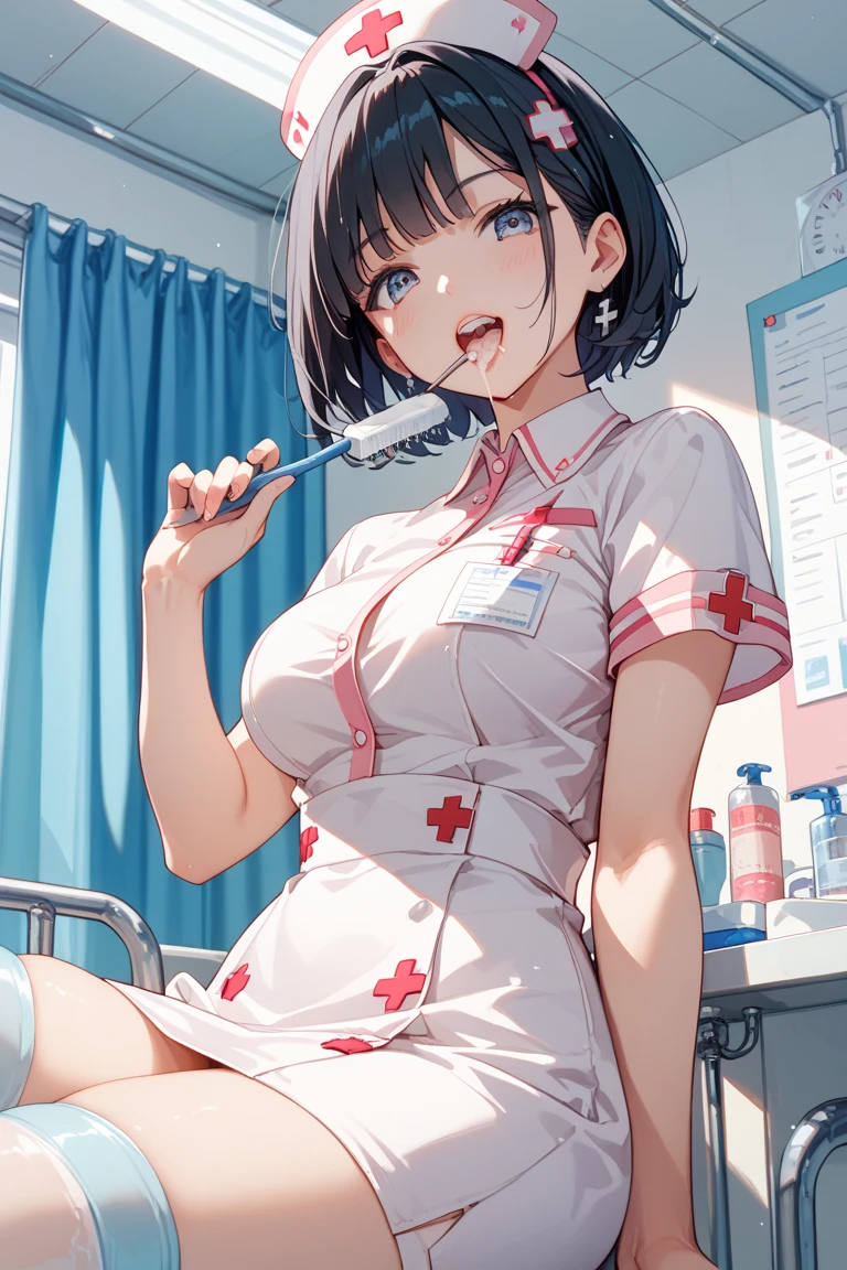 1girl, solo, nurse, nurse cap, white wear, ((white legwear, zettai ryouiki)), white gloves, pink hair,  drooping eyes, ((covered nose)), standing, ((hospital room)), sharp outline, short sleeves, best quality, masterpiece，Fleshy，Brown eyes，Fleshy，Black hair，happy，lol，Heart，red waistband，Black clothes，