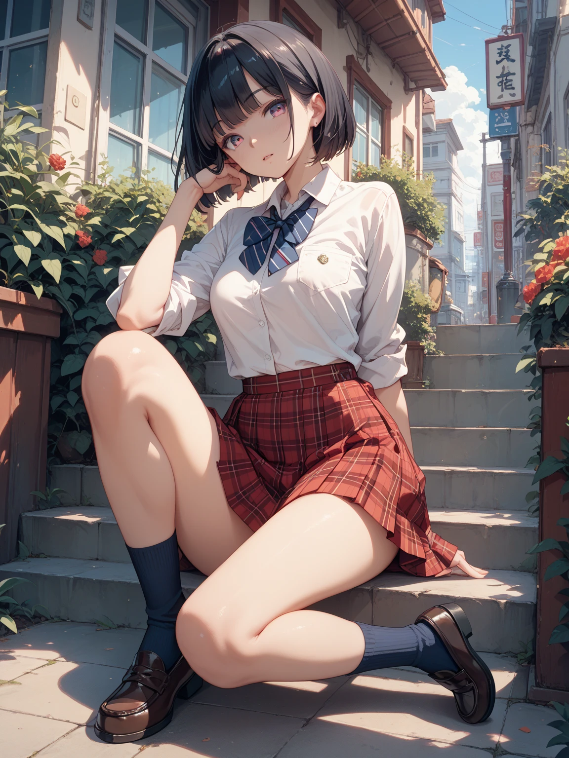 Kana Hashimoto、masterpiece, Superb Piece, full body Esbian, 1girl in, bangss, Black Choker, Black tie, A dark-haired, a blue dress, red blush, A bracelet,, a choker, corsets, 鎖骨, shirt with collar, denim photos, dress shirts, Piercing ears, eyebrows visible through hair, gradation hair, Grinning, eye glass, jewely,, short-hair, looking at the spectator, Loose tie, neck tie, piercings, ((white panty))plaid skirts, plaid skirts, Pleated skirt squats、Opening legs, red eyes, the ring, student clothes, The shirt, skirt by the, A smile, 独奏, white shirt, a street, Skysky, cherry trees, flower petals, (realisitic: 1.5), lo fashion, femele, vibrancy, Dressing, the pose, the front, Colorful, Dynamic, Background with, element, self-assured, Expressive, ngel, statement, attachment, An majestic, coil, surroundings, Touch, The scene