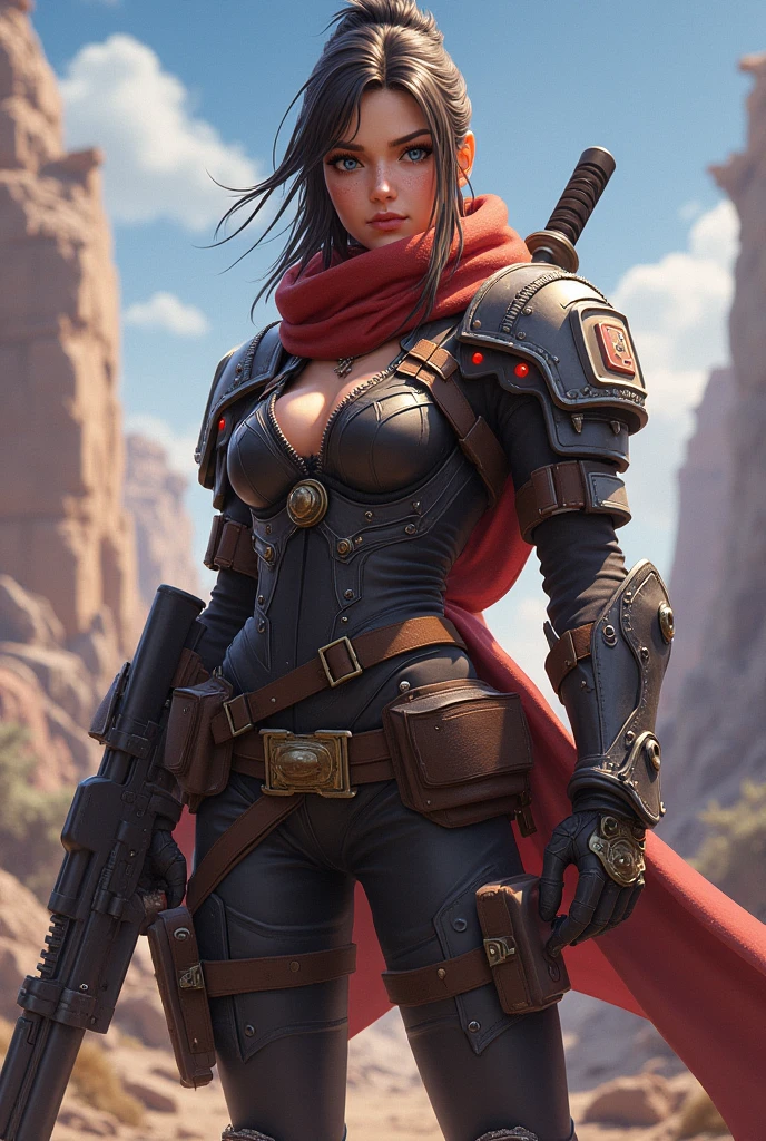 a highly detailed and dynamic character portrait of a female warrior, standing tall and proud, her fighter companion by her side, reminiscent of Leon Kennedy from the video game series, vibrant colors, masterful lighting, intricate details, photorealistic