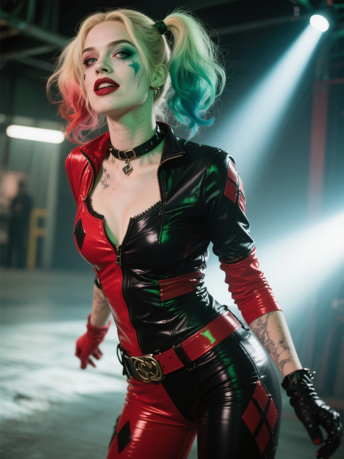 harley, blonde hair, pale skin, multicolored hair, double bun, arm tattoo, blue eyes,makeup, white shirt, cropped jacket, belt, fingerless gloves,multicolored pants,red and blue pants,looking at viewer,smiling, teeth, on all fours, outside, city, rubble, apocalypse, from_below, sunny, high quality, masterpiece, <lora:HarleySQ-12:.7>