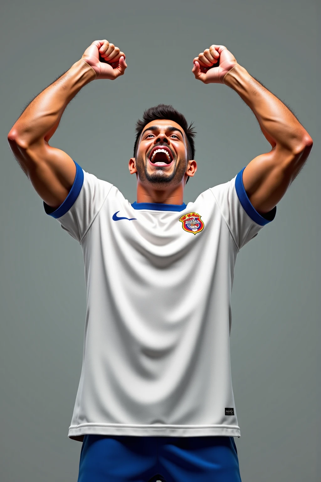 Happy guy 35 years old Venezuelan appearance, mouth open, wearing a white T-shirt, One arm raised up, In the second hand, a soccer ball, White background, Waist-high photography, Excellent quality, high detail, very happy, masculine appearance, Correct anatomy, correct hands, Very courageous, right hand with fist raised up, in the left hand is a soccer ball, Animated image of a man holding a soccer ball in his hand, advertising image, at the world championship, The center of the image, No background, portrait shot, nice design, solid background, banner, promotional image, tournament, very emotional, happy expressions, white oversized t-shirt without logos