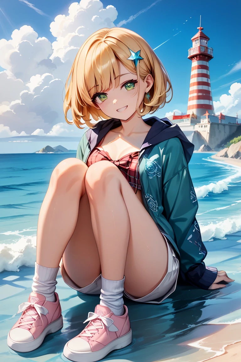 ((best quality)), ((masterpiece)), (detailed), perfect face eye patch anime style full body doing peace sign smiling at the camera in a sweet way