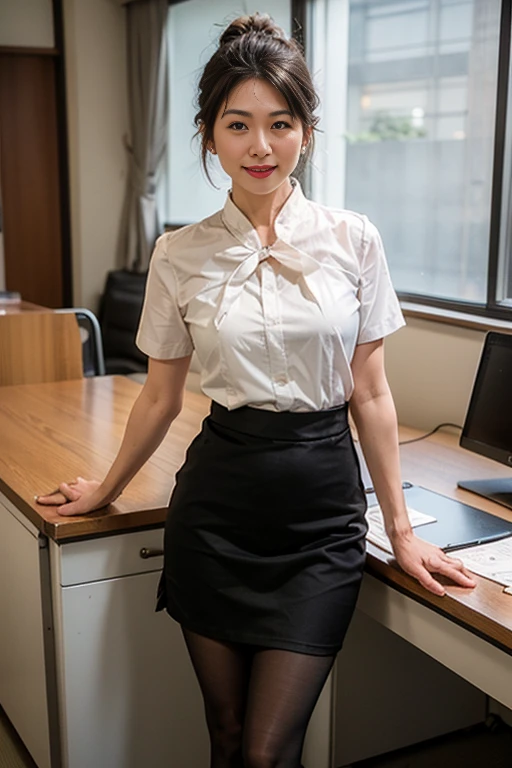 Highest quality、masterpiece、8K、Very detailed、Realistic、(50 years old)、(Wrinkles around the eyes:1.2)、(Wrinkles around the mouth:1.2)、(Looking at me with a mischievous smile)、whole body、(Big Breasts)、Thin and beautiful legs、Tight and slim waist、(A tight, sleeveless buttoned-up collared shirt:1.2)、(Short tight skirt:1.2)、Short Hair、(Erect nipples:1.3)、Sitting in a chair in the office、(Breast bag:1.2)