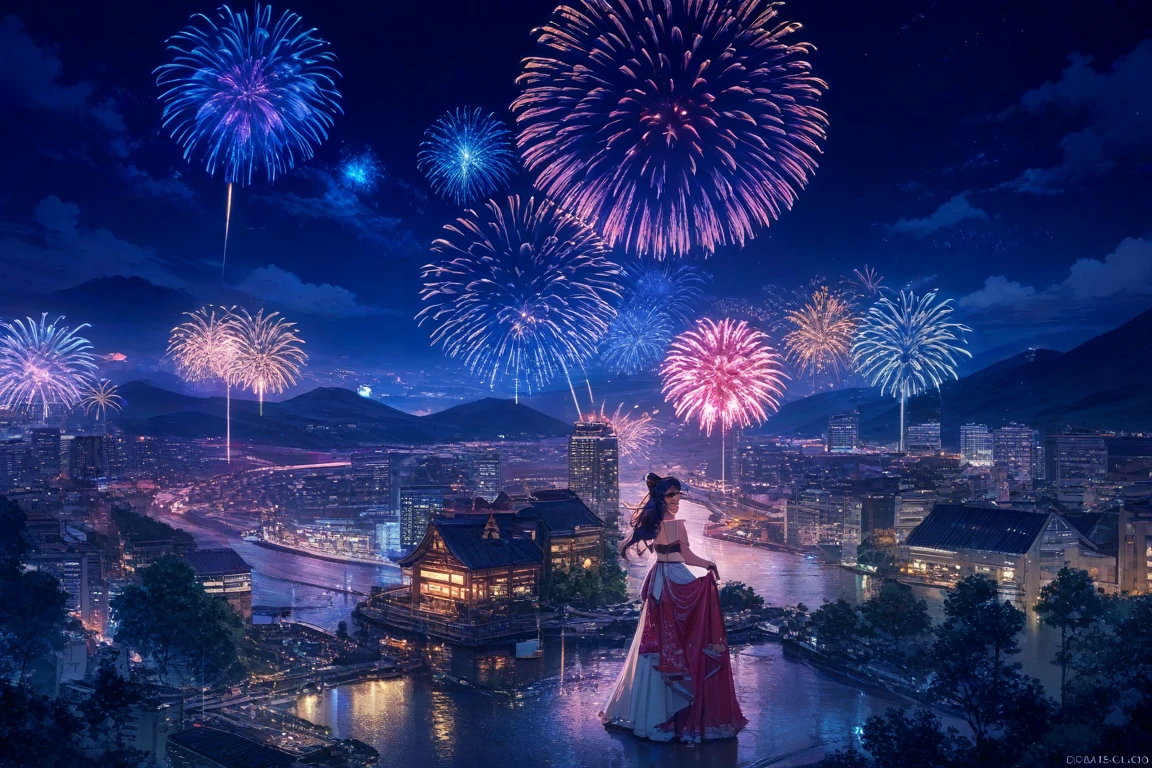 Envision a cityscape with bridges adorned in patriotic lights and fractal fireworks bursting overhead, creating a dynamic and interconnected celebration. enormous tits