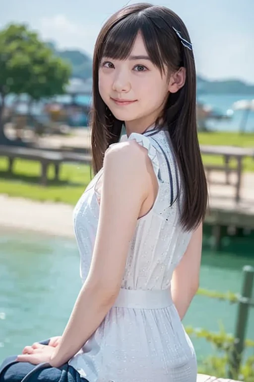 on the table, best quality, illustration, Super detailed, fine details, high resolution, 8k wallpaper, Perfect dynamic composition, Beautiful and delicate eyes,whole body摄影，show your whole body、Vest, suit, Pencil miniskirt, White shirt,s、long gray hair, Bold sexy pose,Smile,Harajuku、20 year old girl、huge :1.5、Look at the sexy shots of the camera, whole body, Rear view、Holding a bouquet of flowers、standing at the beach